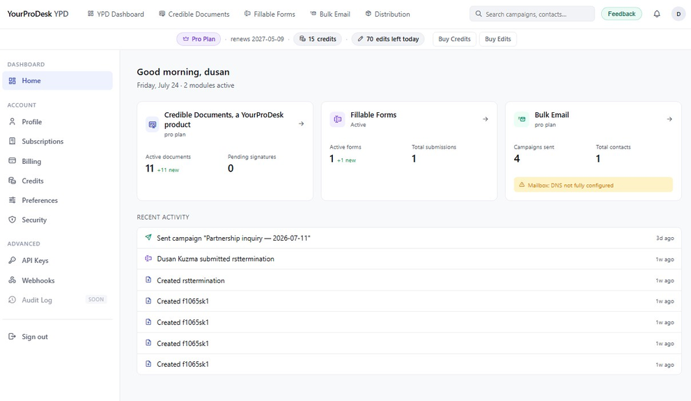 YourProDesk dashboard preview